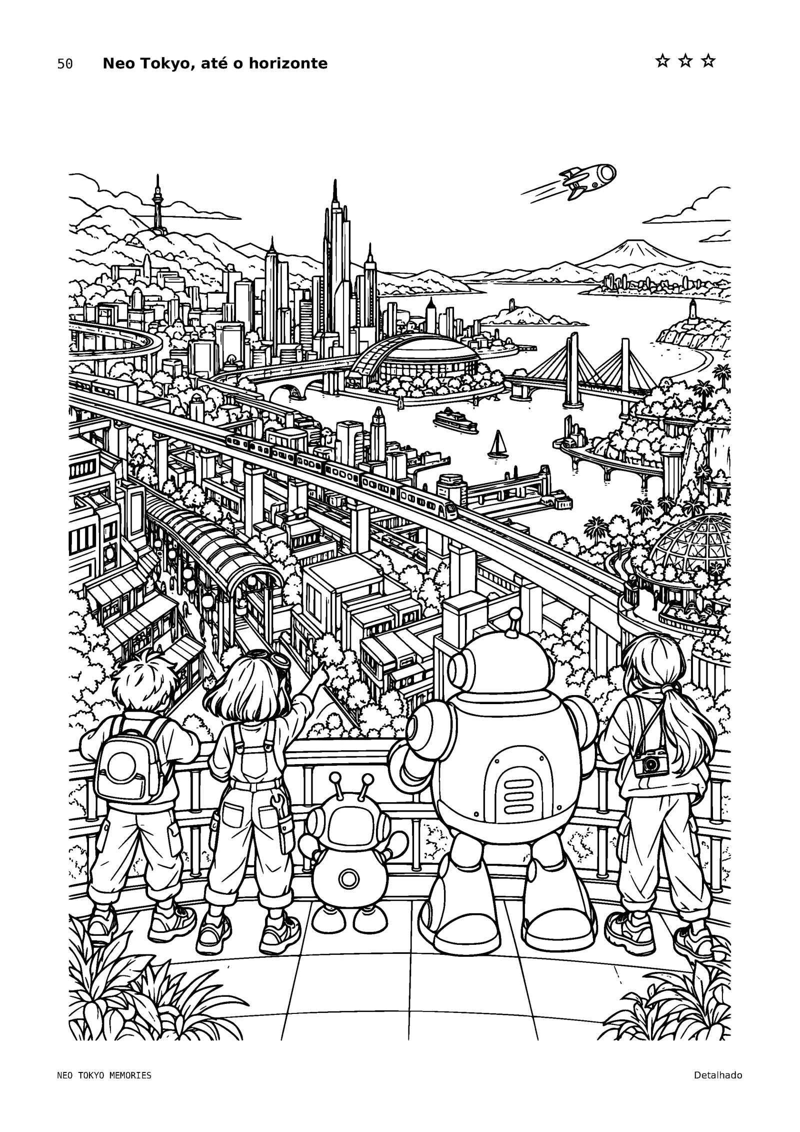 Panorama original de Neo Tokyo em preto e branco, com trens, jardins, prédios e os cinco amigos
