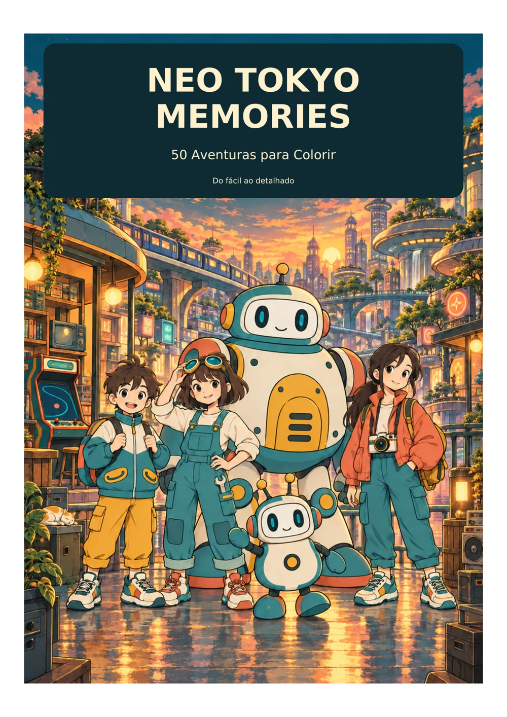 Capa colorida de Neo Tokyo Memories, com Kai, Mika, Piko, Tetsu e Yumi