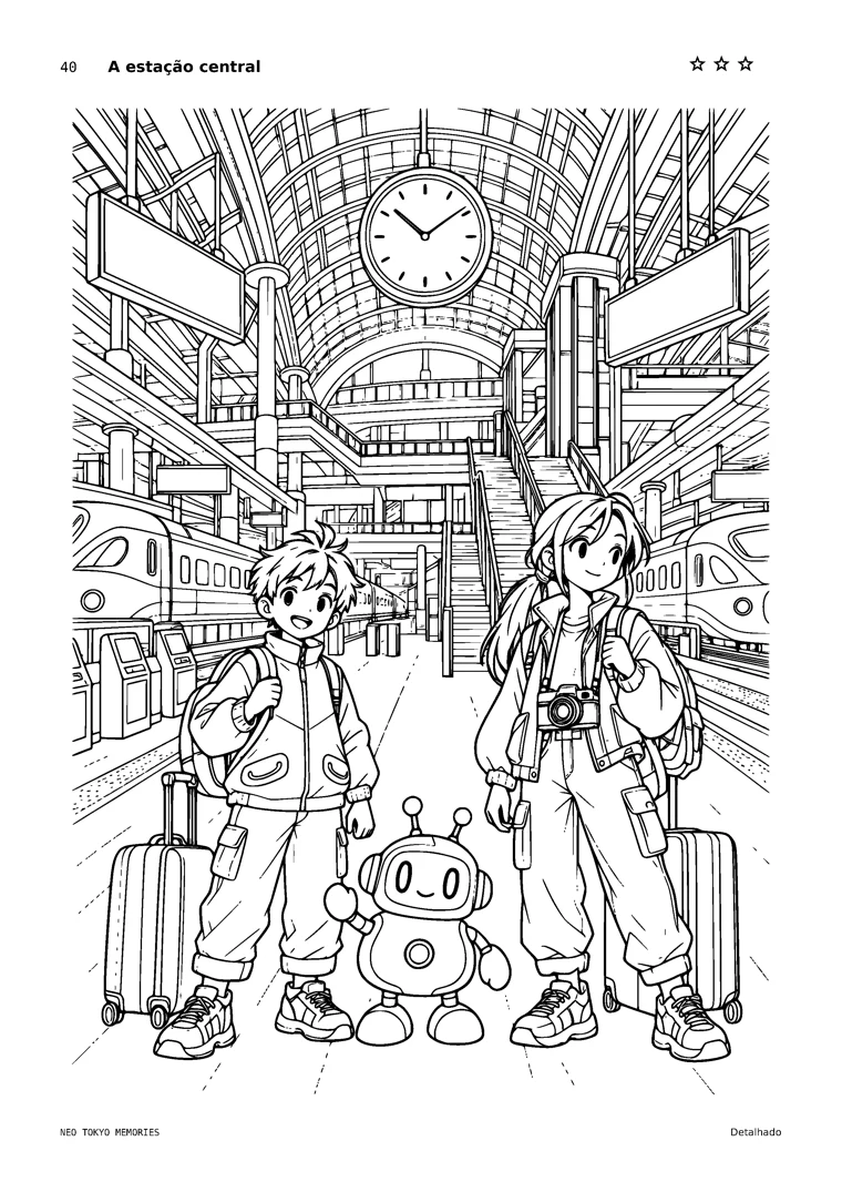 Exemplo detalhado: estação central de Neo Tokyo com trens e arquitetura futurista